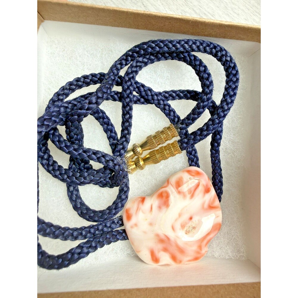 Marbled White Coral Pink Stone Cabochon Bolo Tie Braided Cord Western Rare